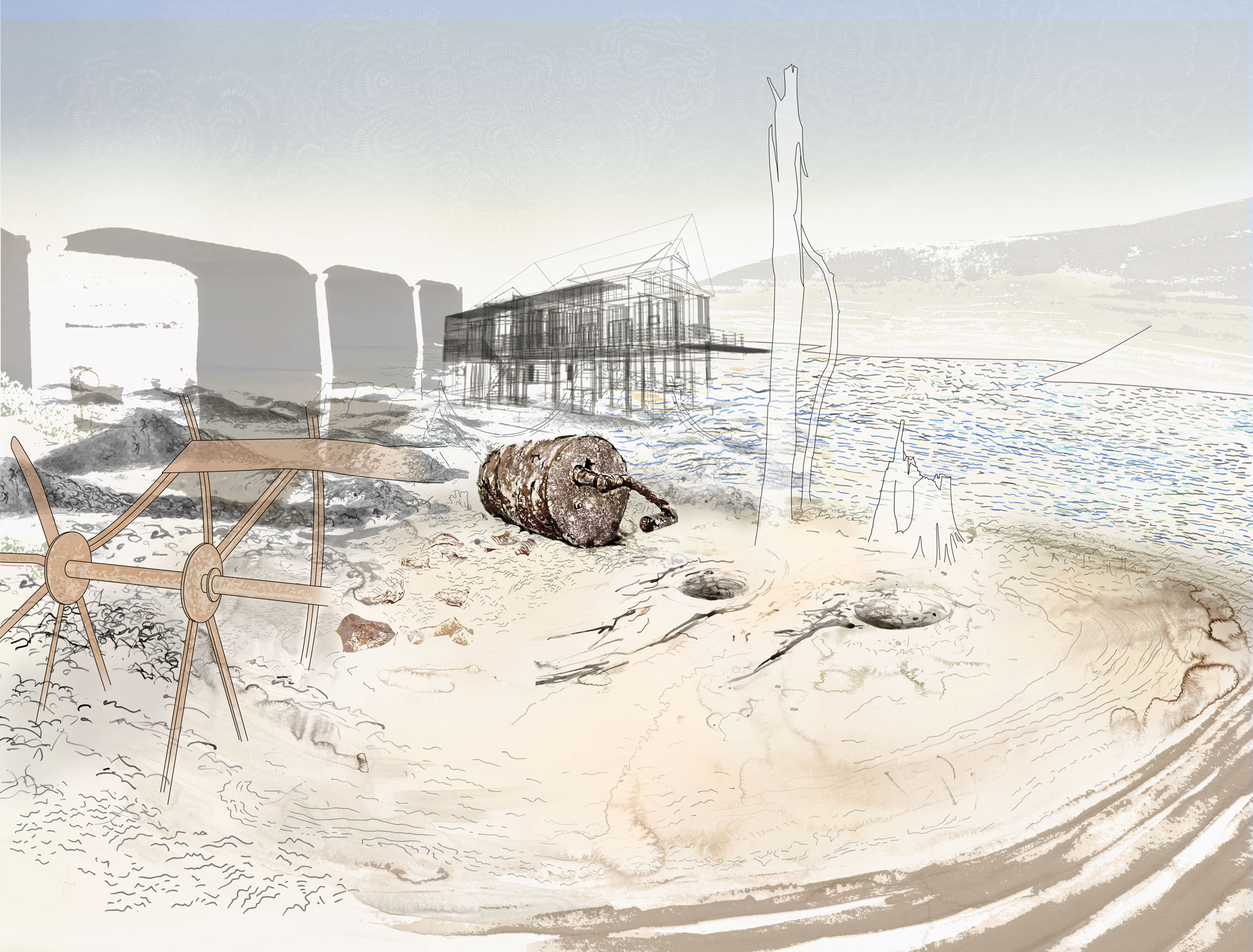 The Shape of What Remains, a layered drawing of the Folsom Lake landscape